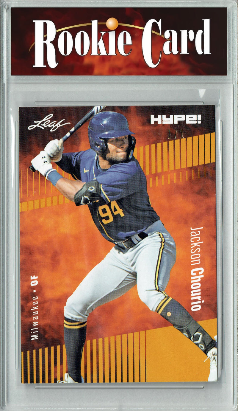 Certified Mint+ Jackson Chourio 2023 Leaf HYPE #123 Gold Blank Back #1/1 Rookie Card Milwaukee Brewers