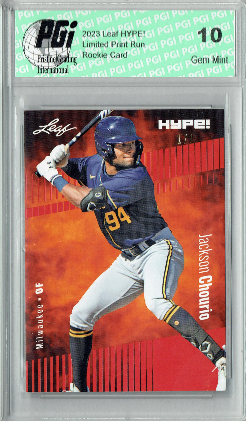 Jackson Chourio 2023 Leaf HYPE! #123 Orange Blank Back #1/1 Rookie Card PGI 10