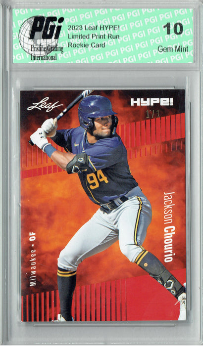 Jackson Chourio 2023 Leaf HYPE! #123 Orange Blank Back #1/1 Rookie Card PGI 10