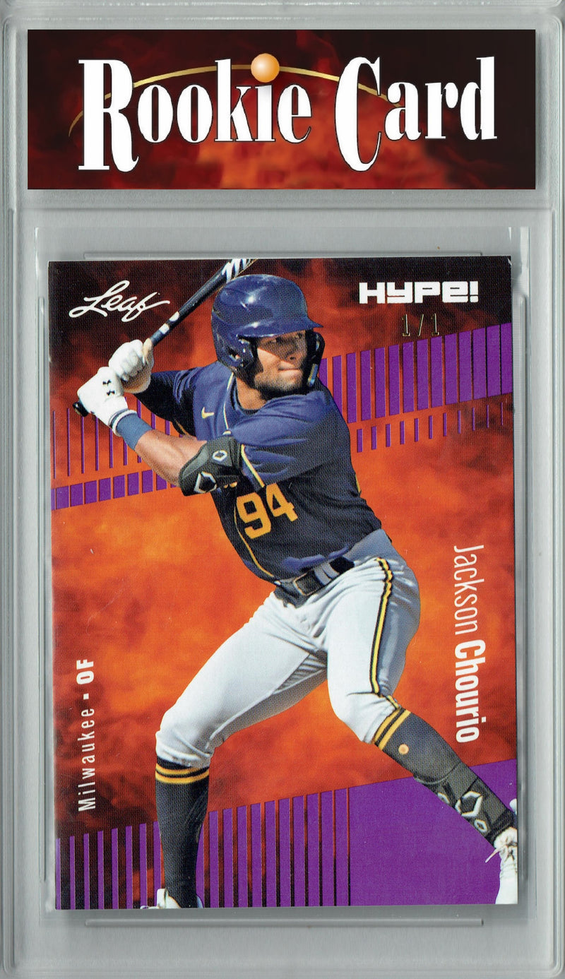 Certified Mint+ Jackson Chourio 2023 Leaf HYPE #123 Purple Blank Back #1/1 Rookie Card Milwaukee Brewers