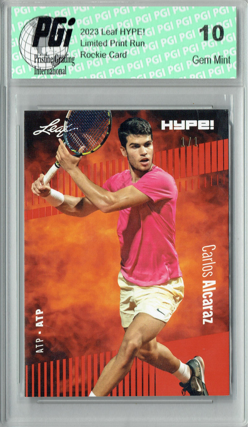 Carlos Alcaraz 2023 Leaf HYPE! #108 Orange Blank Back #1/1 Rookie Card PGI 10