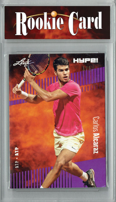 Certified Mint+ Carlos Alcaraz 2023 Leaf HYPE! #108 Purple Blank Back #1/1 Rookie Card