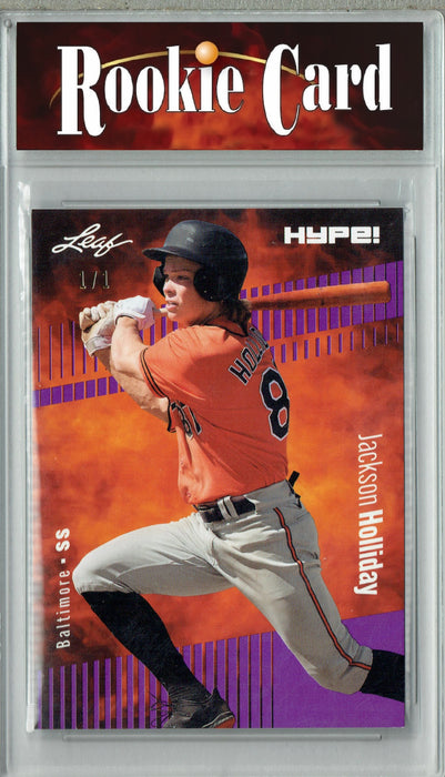 Certified Mint+ Jackson Holliday 2023 Leaf HYPE! #124 Purple Blank Back #1/1 Rookie Card
