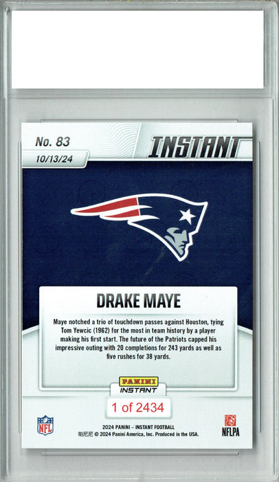 Certified Mint+ Drake Maye 2024 Panini Instant #83 3 TDs in 1st Start! Rookie Card New England Patriots