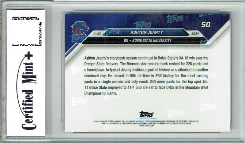 Certified Mint+ Ashton Jeanty 2024 Bowman University Now #50 Blue SP 49 Made Rookie Card Boise State