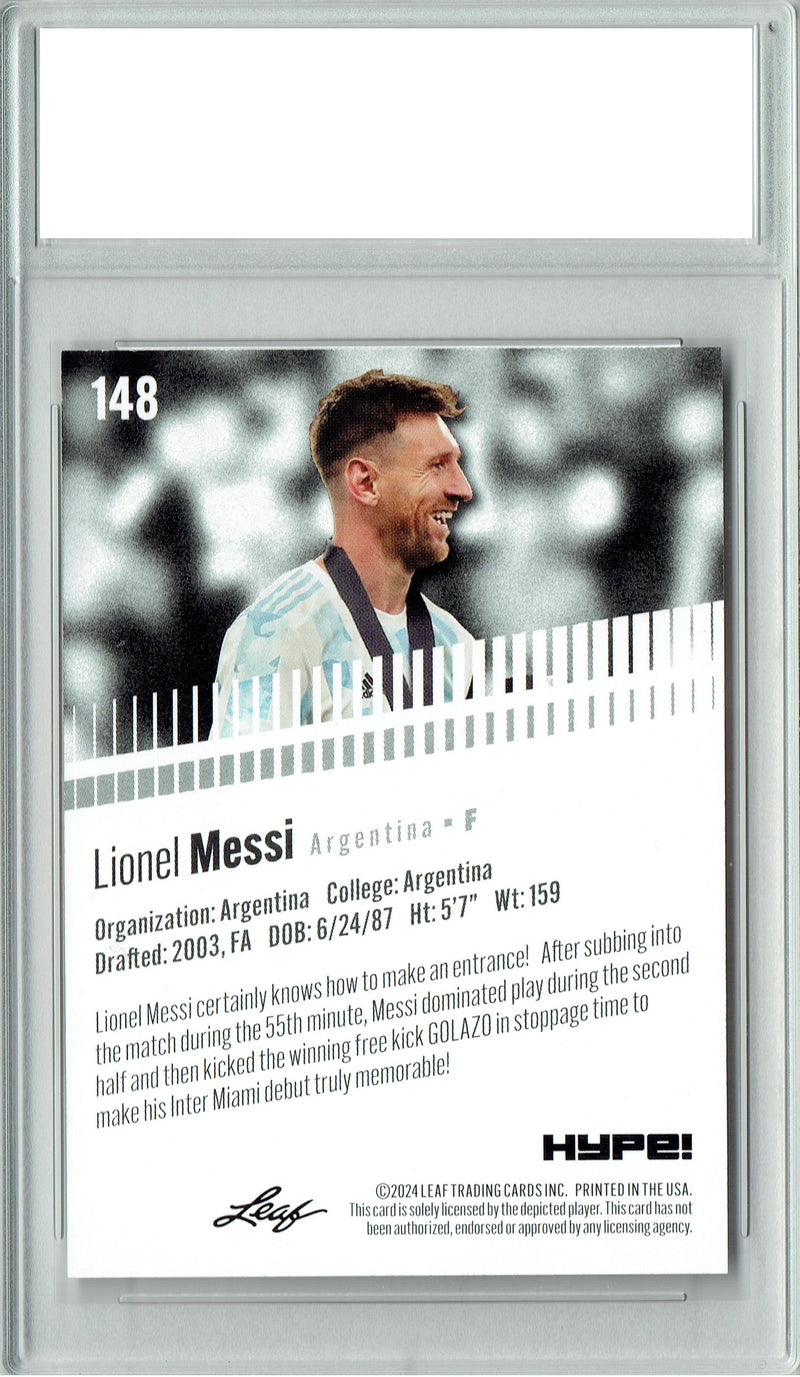 Lionel Messi 2024 Leaf Hype #148 Trophy Edition Argentina Trading Card PGI 10