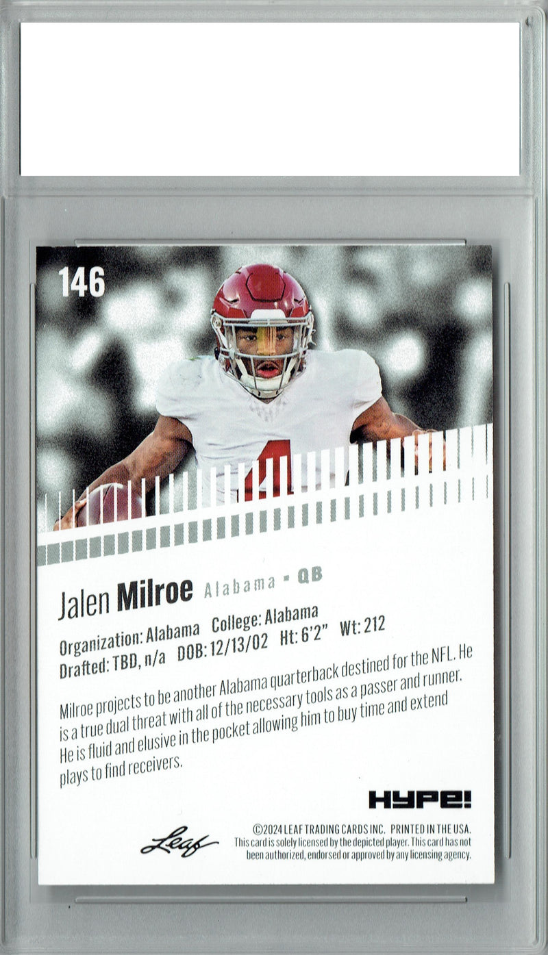 Jalen Milroe Rookie Card Alabama / Seattle PGI 10 Gem Mint Football Trading Card 2024 Leaf Hype #146 Only 5000 Made