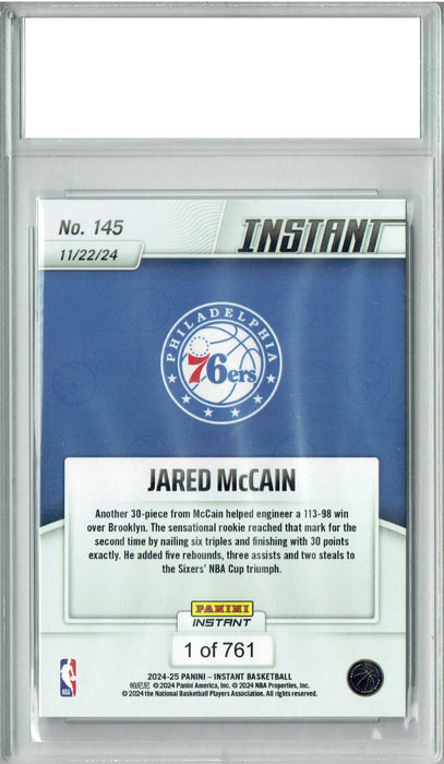 Certified Mint+ Jared McCain 2024 Panini Instant #145 Only 761 Made Rookie Card Philadelphia 76ers