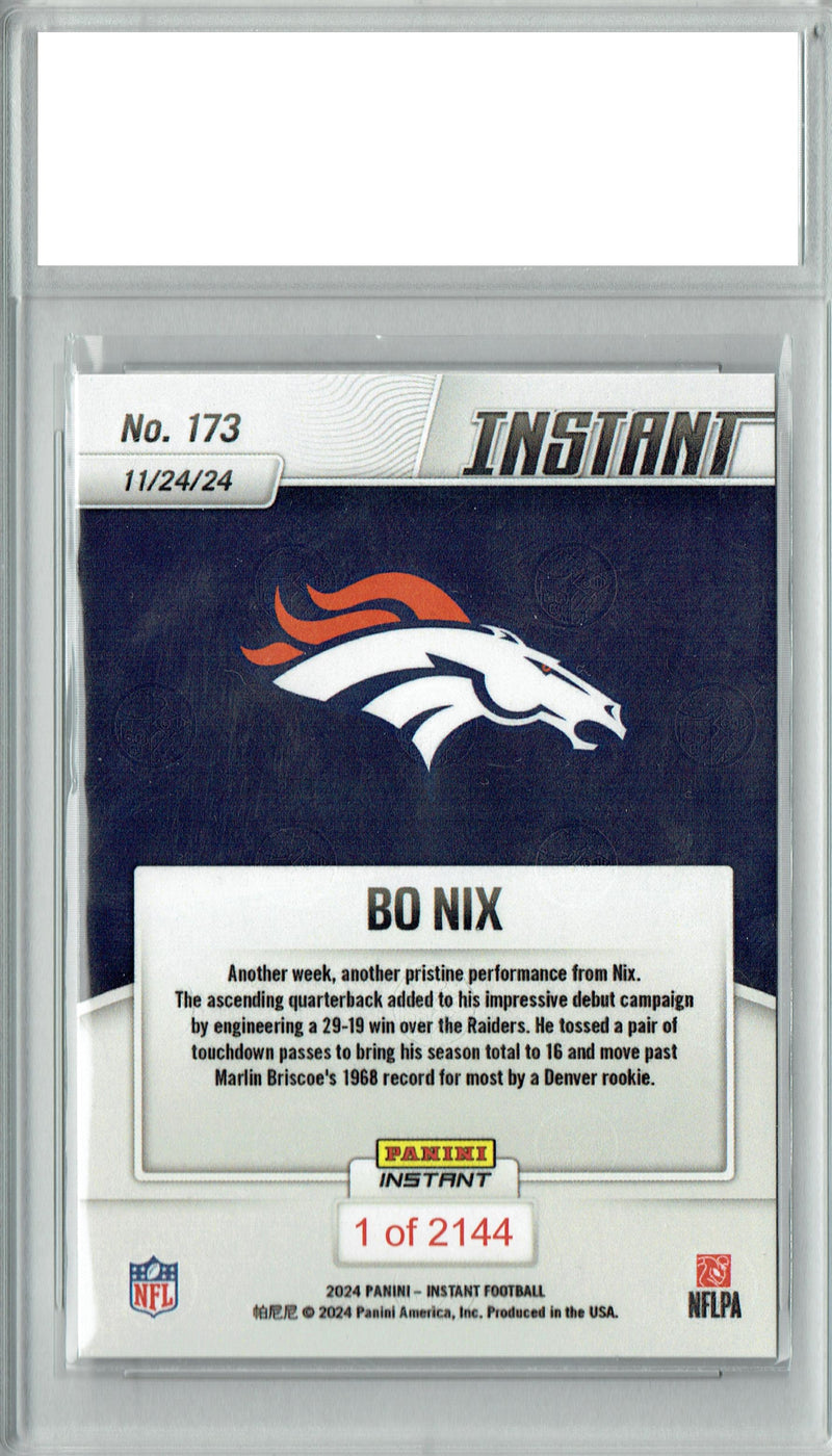 Certified Mint+ Bo Nix 2024 Panini Instant #173 Only 2144 Made Rookie Card Denver Broncos