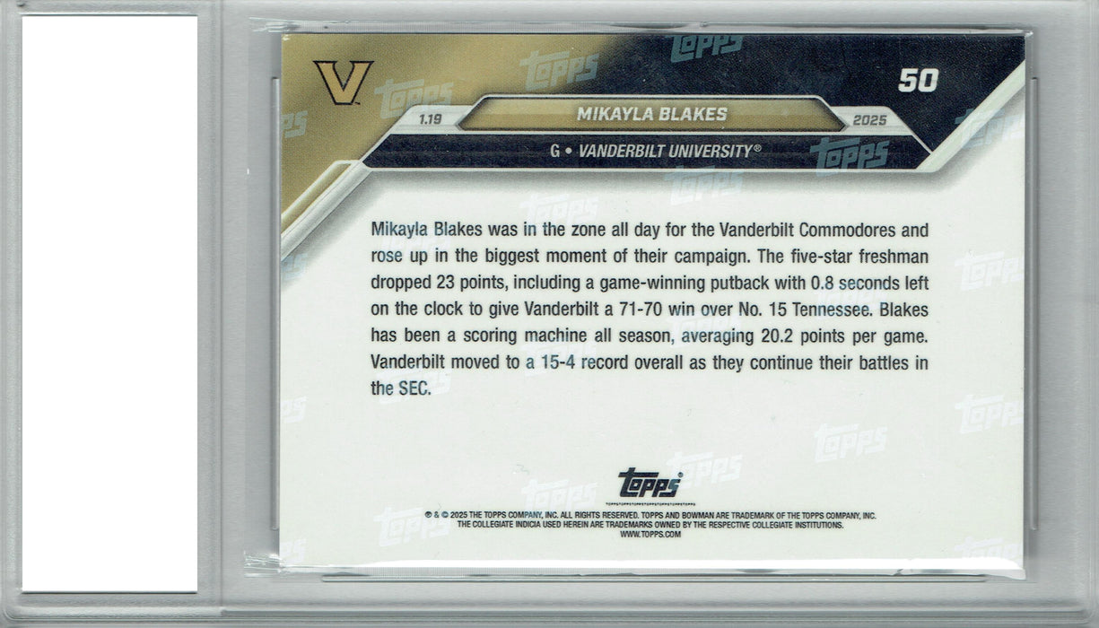 Certified Mint+ Mikayla Blakes 2024 Bowman University Now #50 Blue SP Only 49 Made Rookie Card Vanderbilt Commodores