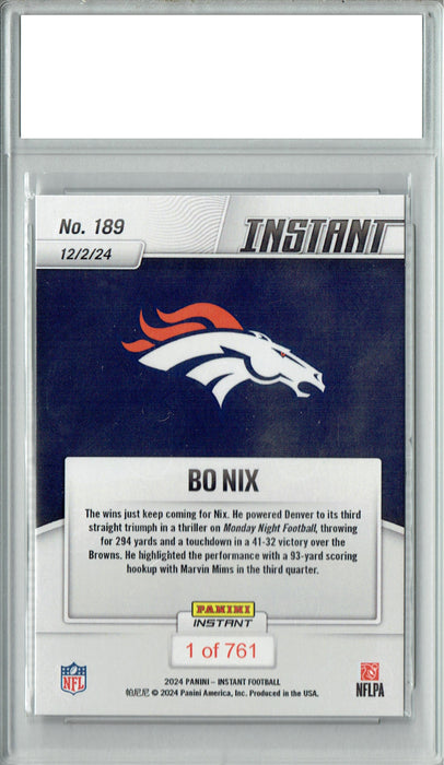 Bo Nix 2024 Panini Instant #189 Low Print Run: 1/761 Rookie Card PGI 10