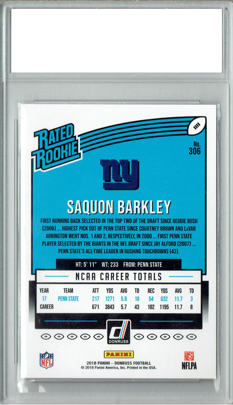 Saquon Barkley 2018 Donruss Football #306 Rated Rookie Card PGI 10