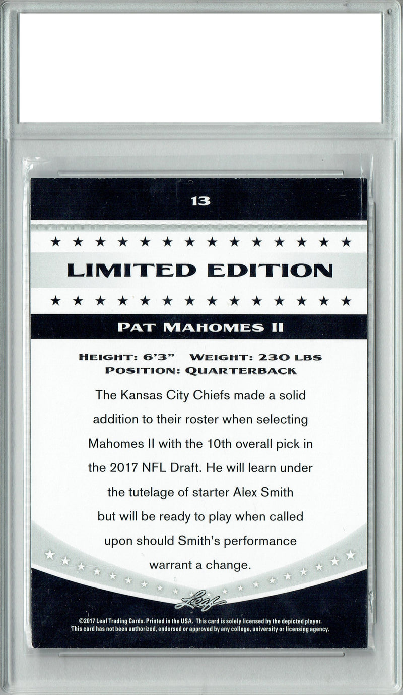 Patrick Mahomes Rookie Card Kansas City PGI 10 Gem Mint Football Trading Card 2017 Leaf Limited Edition #13