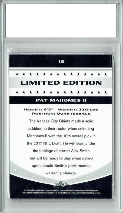 Patrick Mahomes II 2017 Leaf Limited Edition #13 Rookie Card PGI 10 Pat