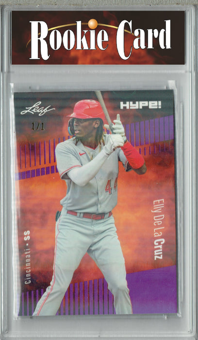 Certified Mint+ Elly De La Cruz 2023 Leaf HYPE! #115a Purple Shimmer #1/1 Rookie Card Cincinnati Reds