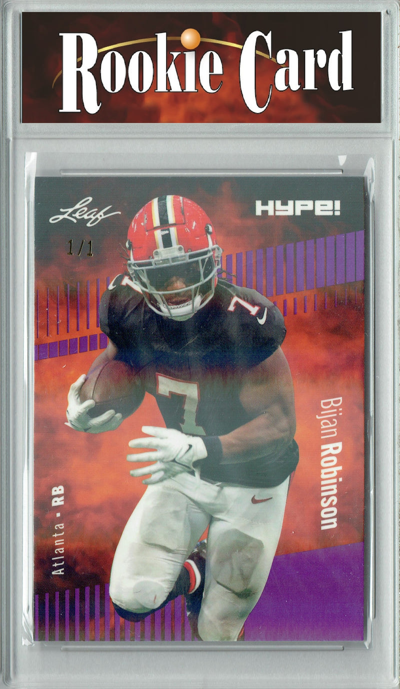 Bijan Robinson Rookie Card Atlanta Football Trading Card 2023 Leaf HYPE! #102A Purple Shimmer 1/1  Certified Mint+