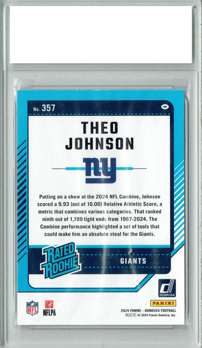 Certified Mint+ Theo Johnson 2024 Donruss #357 Football Rookie Card New York Giants