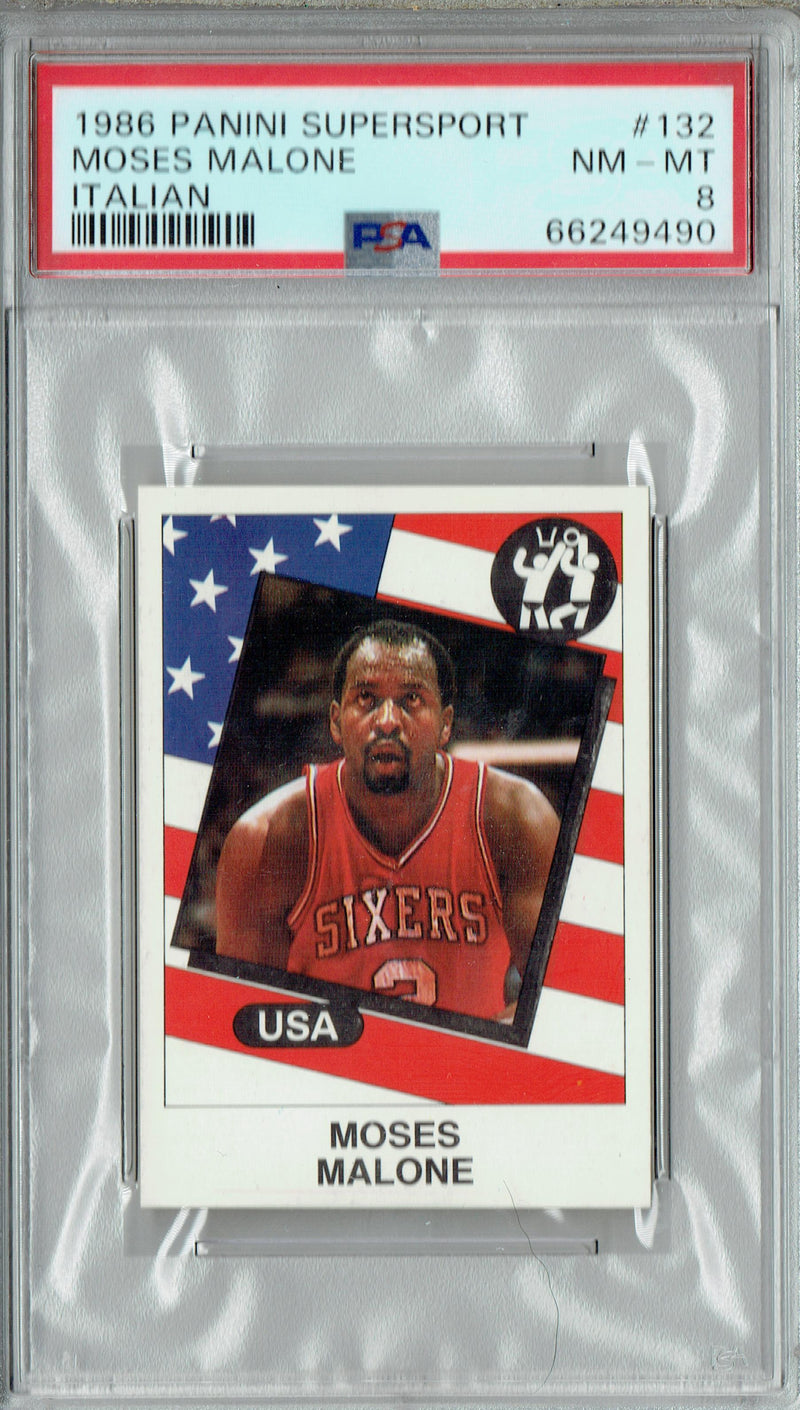 PSA 8 Moses Malone 1986 Panini Supersport #132 Italian Rare Trading Card Philadelphia 76ers