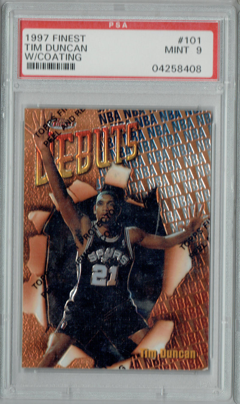 PSA 9 Tim Duncan 1997 Topps Finest #101 With Coating Rookie Card San Antonio Spurs