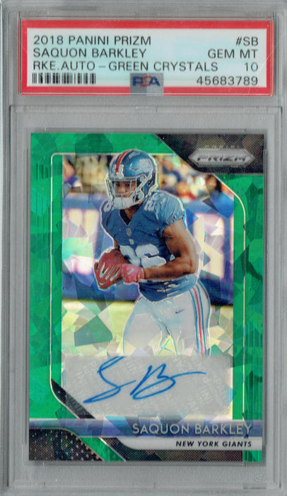 PSA 10 Saquon Barkley 2018 Panini Prizm #SB Autograph Green Crystals Rookie Card