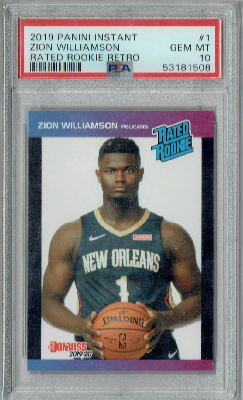 PSA 10 Zion Williamson 2019 Panini Instant #1 Retro Rated Rookie Card New Orleans Pelicans