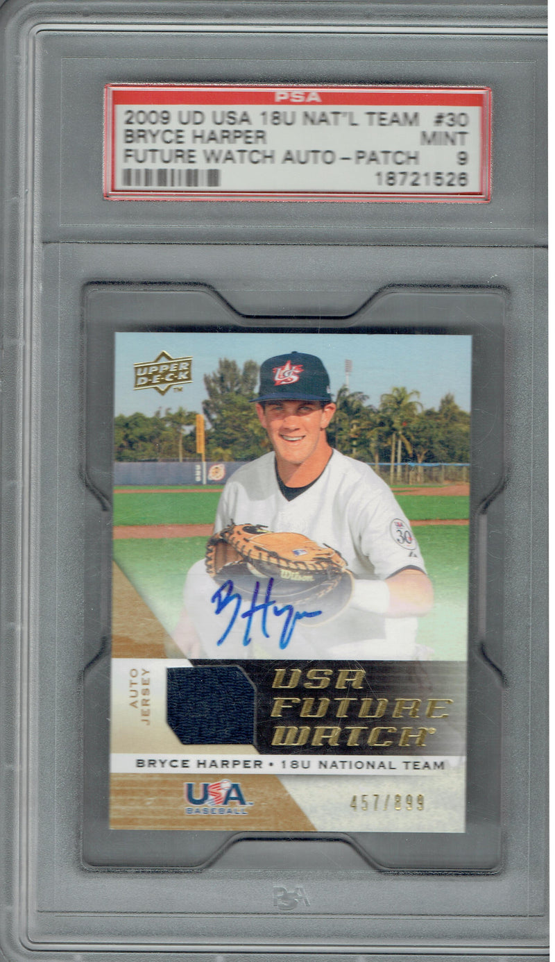 PSA 9 Bryce Harper 2009 UD National Team #30 Future Watch Auto Patch Rookie Card Washington Nationals