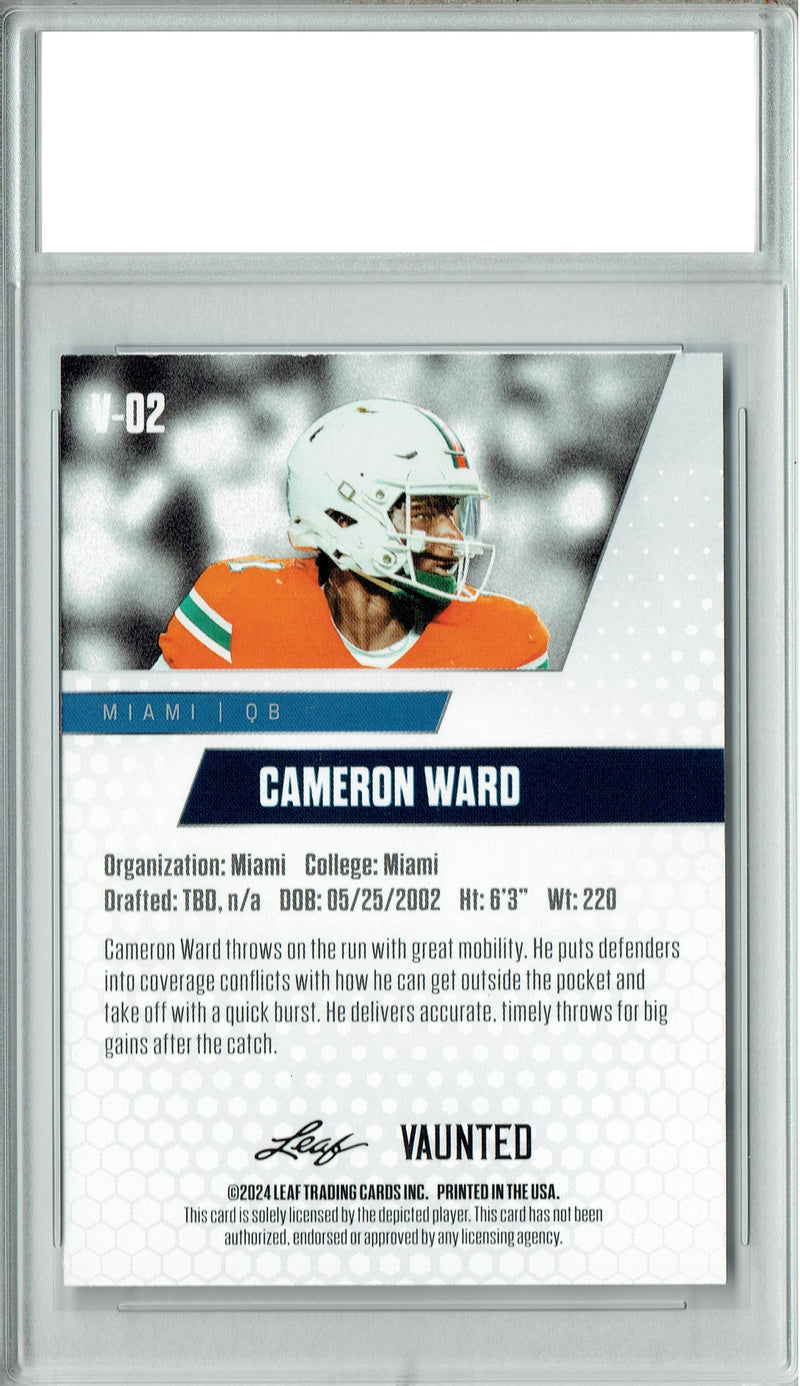 Cam Ward Rookie Card Miami Hurricanes Football Trading Card 2024 Leaf Vaunted #V-02 Debut Collection  Certified Mint+