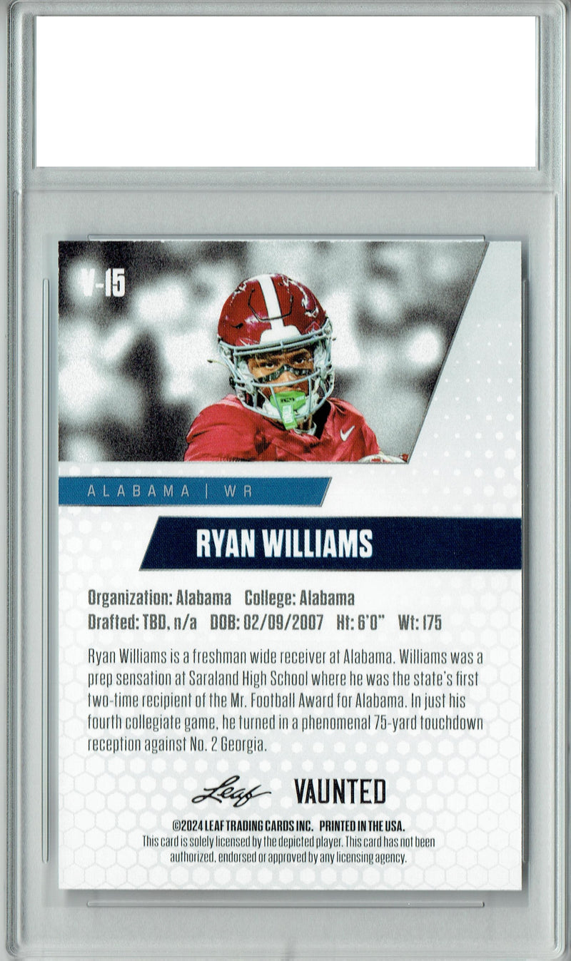 Ryan Williams Rookie Card Alabama PGI 10 Gem Mint Football Trading Card 2024 Leaf Vaunted #V-15 Debut Collection