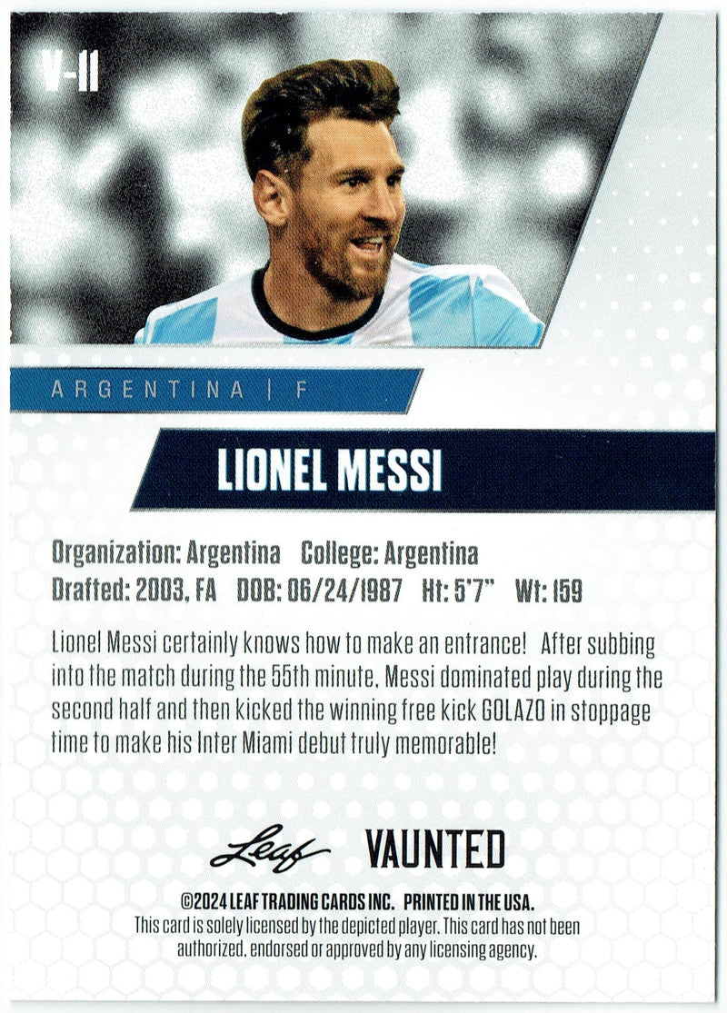 Mint Lionel Messi 2024 Leaf Vaunted #11V Debut Collection Rare Trading Card Argentina