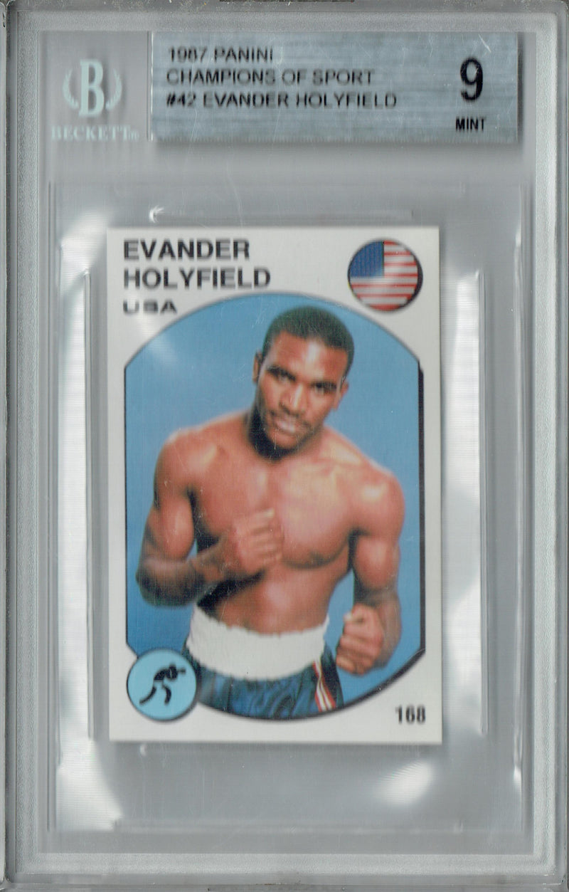 BGS 9 Evander Holyfield 1987 Panini #42 Champions of Sport Rookie Card USA