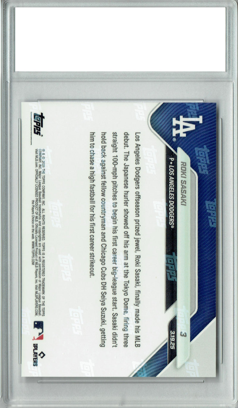 Certified Mint+ Roki Sasaki 2025 Topps Now #3 MLB Debut Rookie Card Los Angeles Dodgers