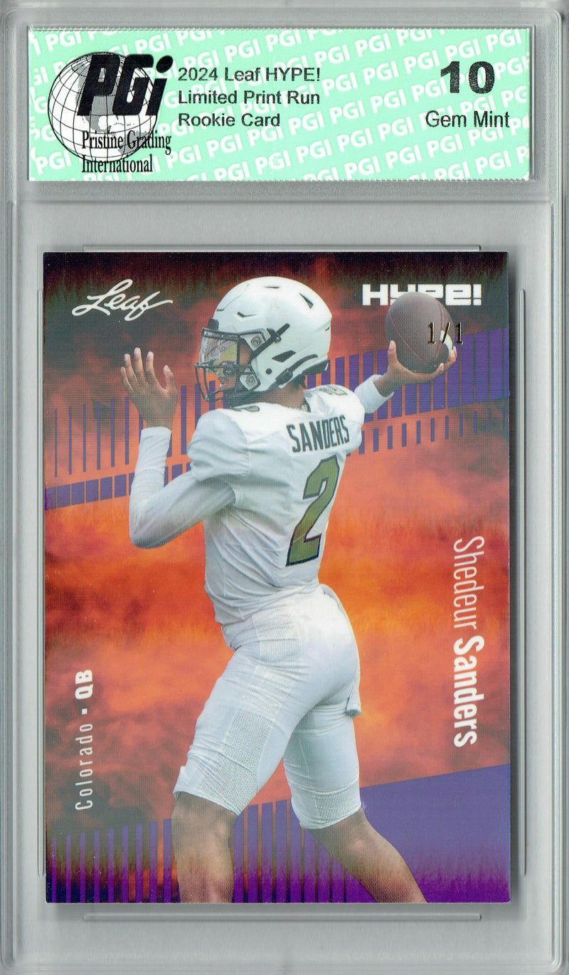 Shedeur Sanders Rookie Card Cleveland PGI 10 Gem Mint Football Trading Card 2024 Leaf HYPE! #155 Purple Shimmer 1/1