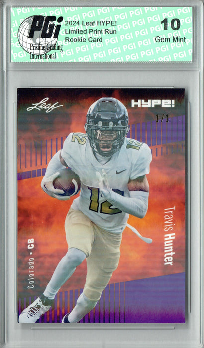Travis Hunter 2024 Leaf HYPE! #157 Purple Shimmer 1/1 Rookie Card PGI 10