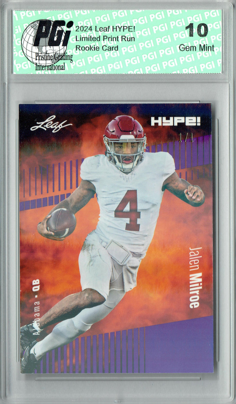 Jalen Milroe Rookie Card Alabama / Seattle PGI 10 Gem Mint Football Trading Card 2024 Leaf HYPE! #146 Purple Shimmer 1/1