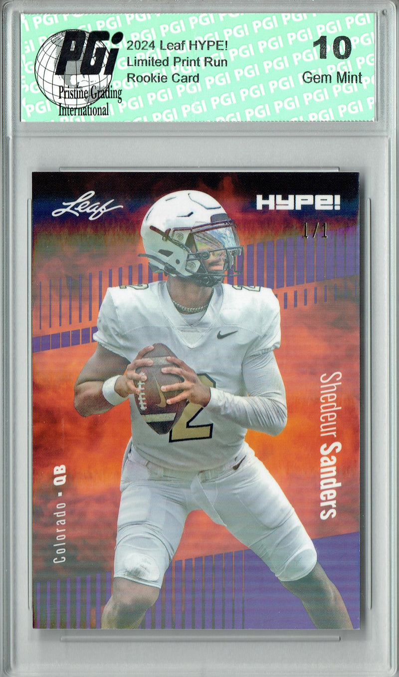 Shedeur Sanders Rookie Card Cleveland PGI 10 Gem Mint Football Trading Card 2024 Leaf HYPE! #155A Purple Shimmer 1/1