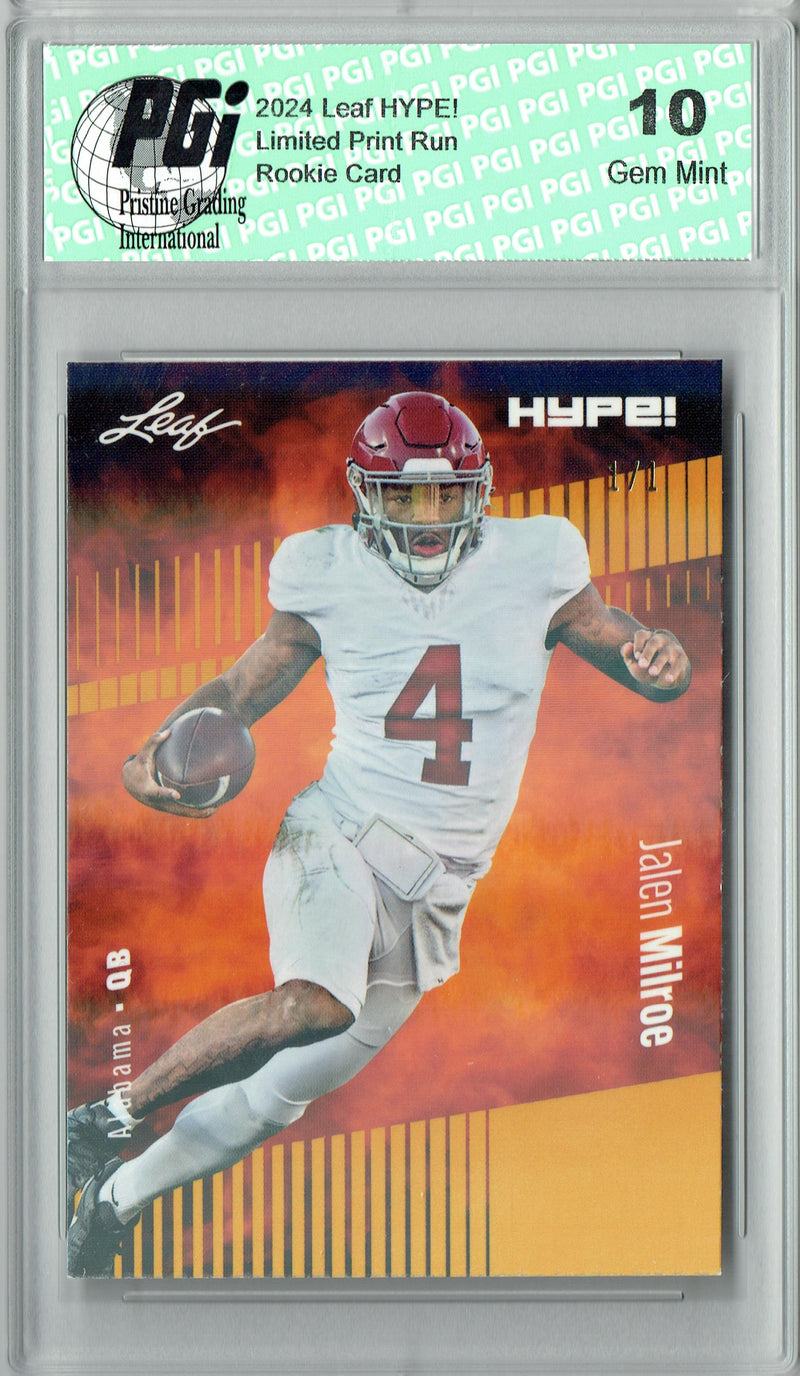 Jalen Milroe Rookie Card Alabama / Seattle PGI 10 Gem Mint Football Trading Card 2024 Leaf HYPE! #146 Gold Shimmer 1/1