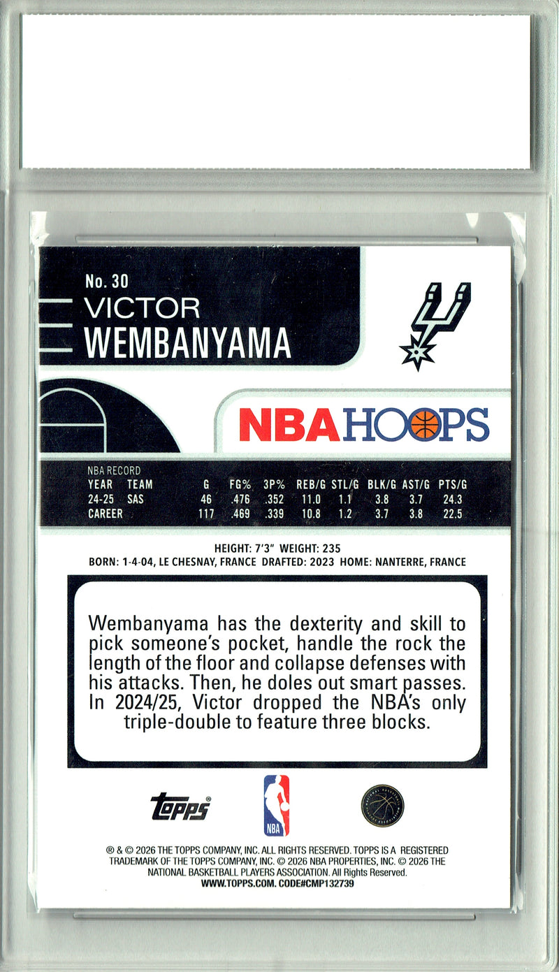 Victor Wembanyama Trading Card 2025 NBA Hoops #30 Rainbow Foil, PGI 10, San Antonio Spurs Basketball