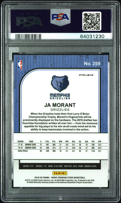 PSA 9 Ja Morant 2019 Hoops Premium #259 Gold Pulsar Rookie Card
