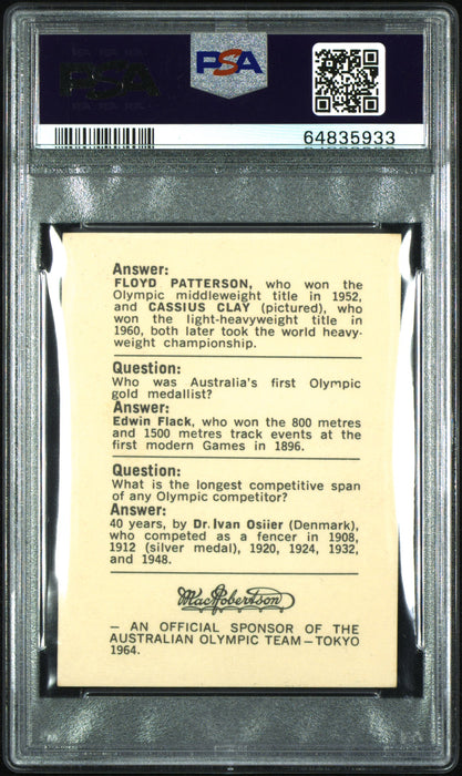 PSA 6 Cassius Clay 1964 Mac Robertson #0 Olympic Quiz Rookie Card