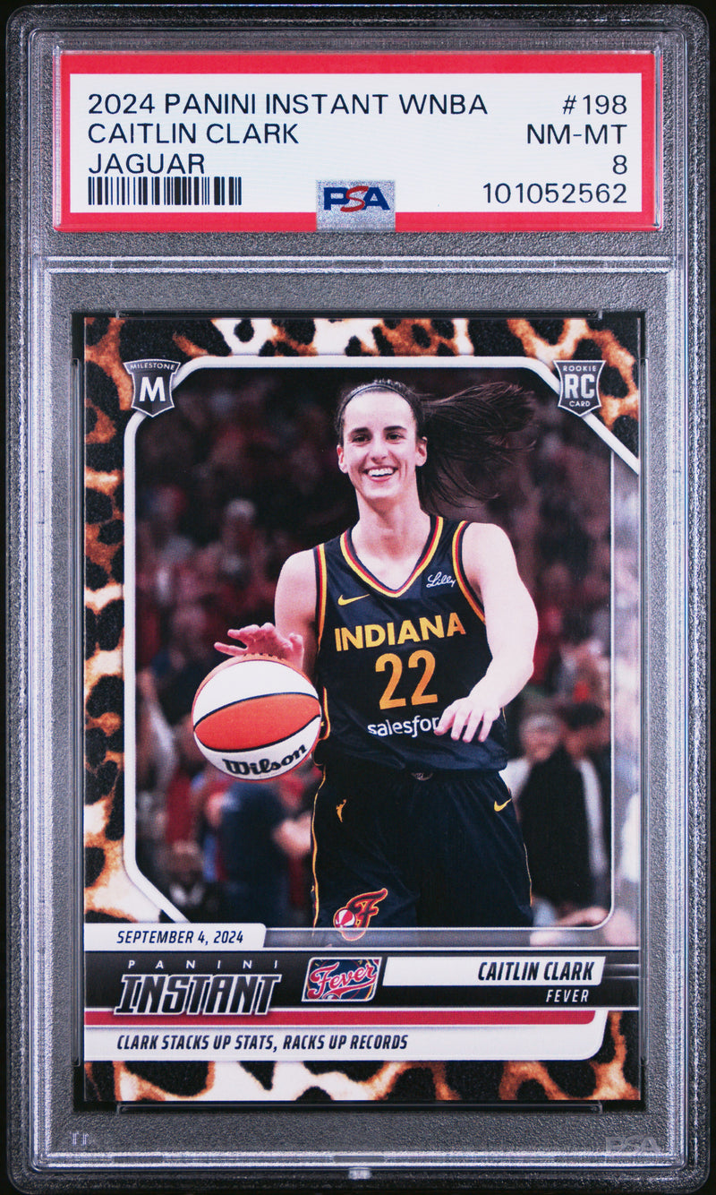 PSA 8 Caitlin Clark 2024 Panini Instant #198 Jaguar SP #6 of 10 Rookie Card Indiana Fever