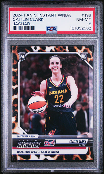 PSA 8 Caitlin Clark 2024 Panini Instant #198 Jaguar SP #6 of 10 Rookie Card