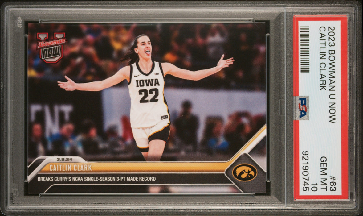 PSA 10 Caitlin Clark 2023 Bowman University Now #63 Curry's Record Rookie Card