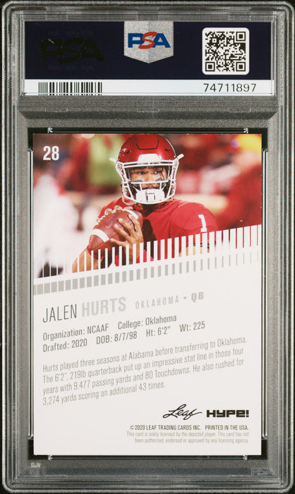 PSA 9 Jalen Hurts 2020 Leaf Hype #28 Masterpiece 1 of 1 Rookie Card