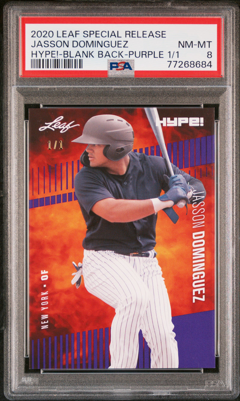 Jasson Dominguez 2020 Leaf HYPE! #44 Rookie Card Blank Back-Purple 1/1 PSA NM-MT 8 (Near Mint-Mint)