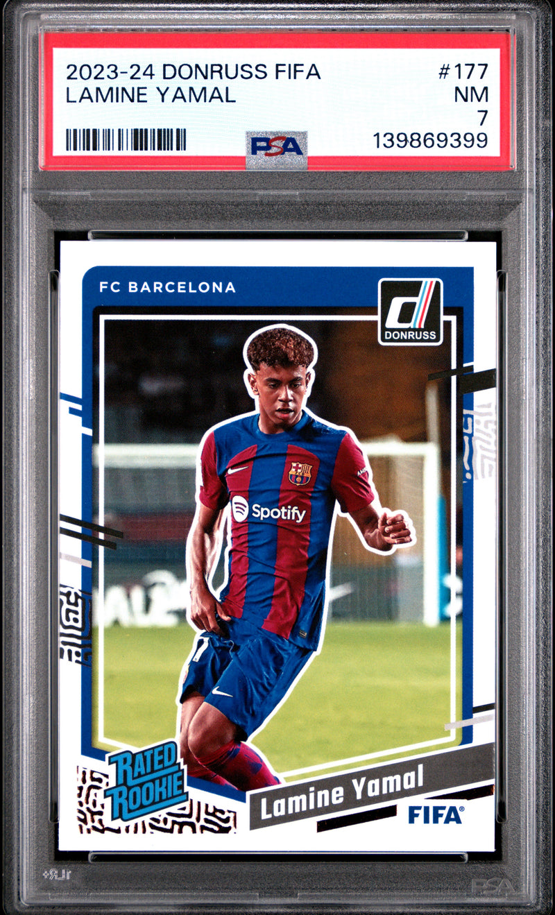 PSA 7 Lamine Yamal Rookie Card 2023 Donruss #177 Barcelona Soccer Trading Card
