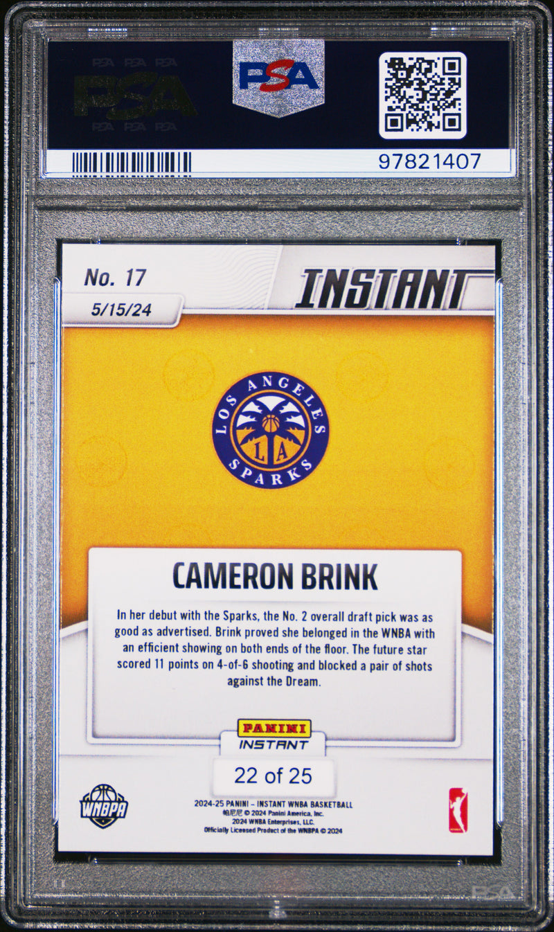 PSA 9 Cameron Brink 2024 Panini Instant #17 Jungle Jersey #22 of 25 Rookie Card Los Angeles Sparks