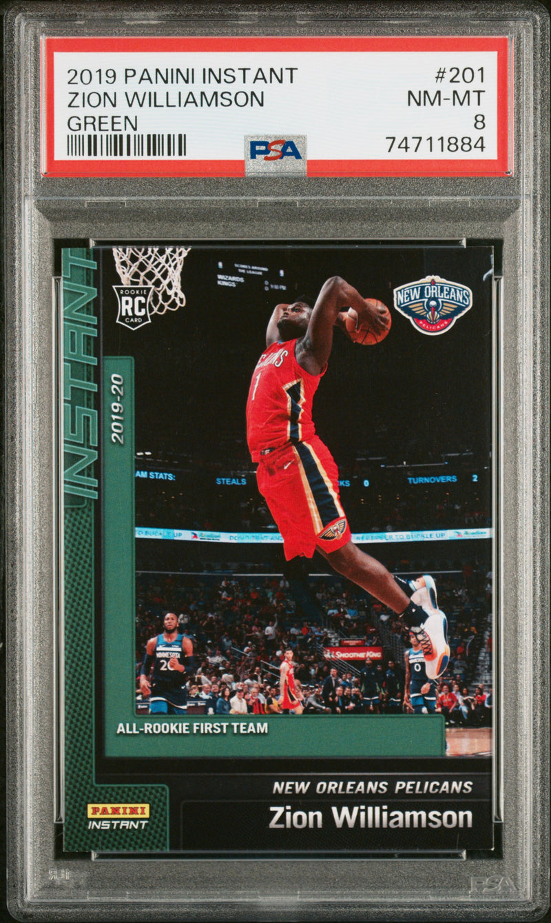 PSA 8 Zion Williamson 2019 Panini Instant #201 Green #1 of 10 Rookie Card New Orleans Pelicans