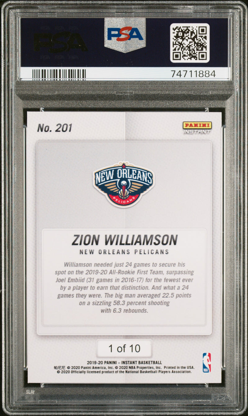 PSA 8 Zion Williamson 2019 Panini Instant #201 Green #1 of 10 Rookie Card New Orleans Pelicans