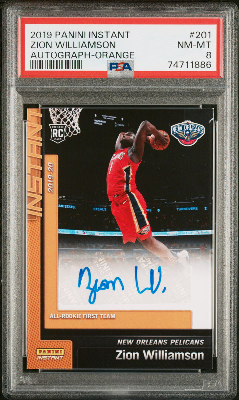 PSA 8 Zion Williamson 2019 Panini Instant #201 Auto Orange #1 of 5 Rookie Card New Orleans Pelicans