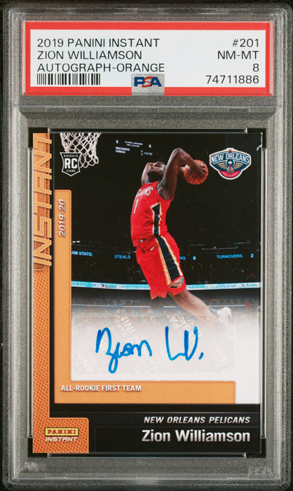 PSA 8 Zion Williamson 2019 Panini Instant #201 Auto Orange #1 of 5 Rookie Card